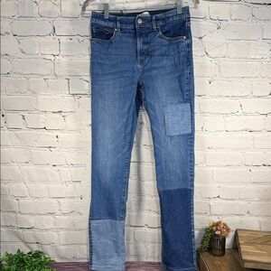 LOFT The Girlfriend Blue Straight Leg Patchwork Jeans